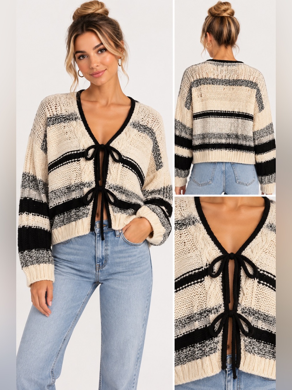 saltwater LUXE Cream and Black Striped tie Knit Cardigan small